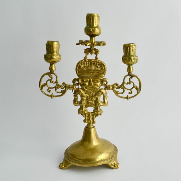 Vintage Brass Figural Candelabra 3-Arm Pre-Columbian Style Tribal Design Candle - Picture 1 of 14